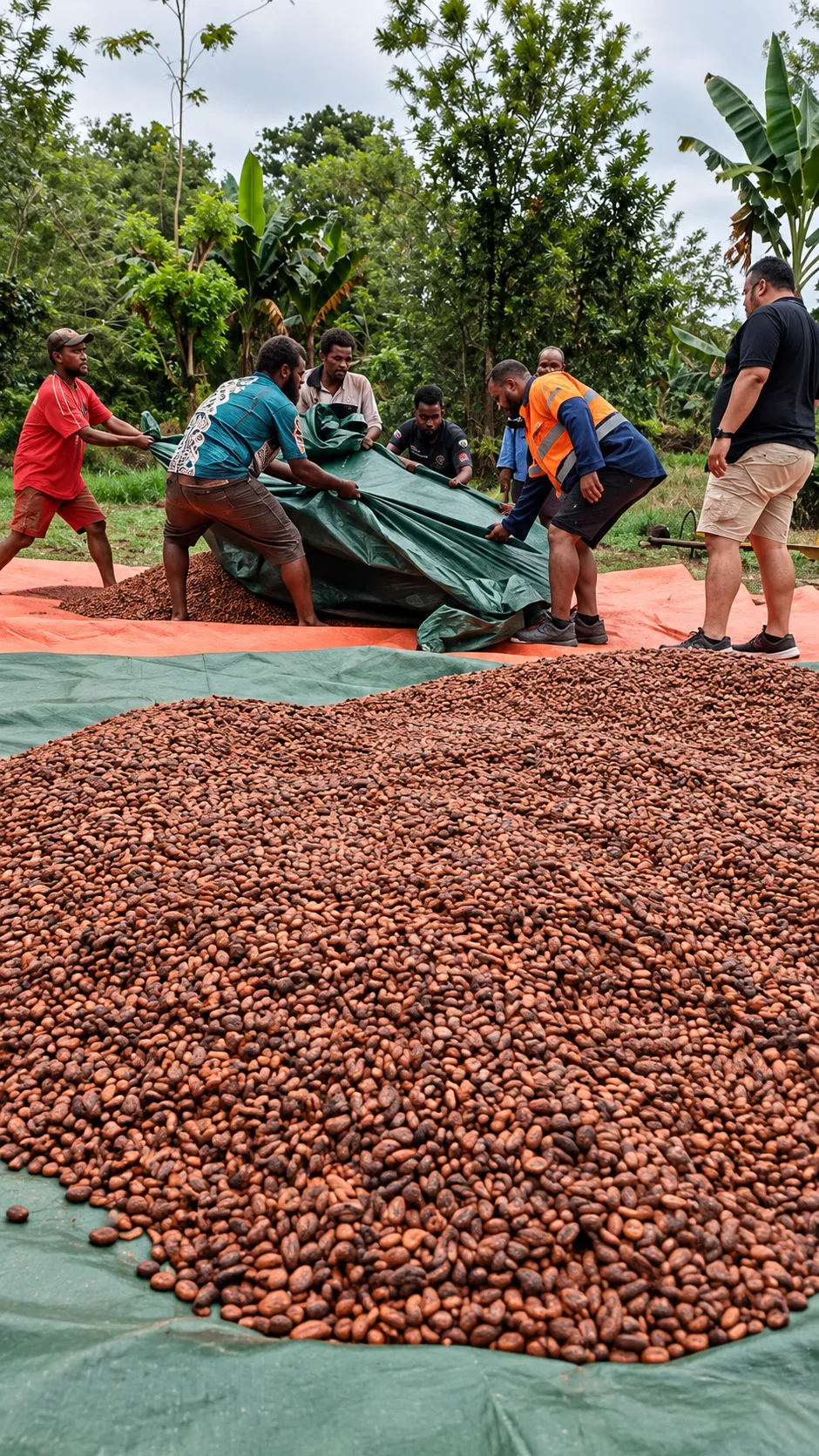 A team working with tarpaulins beside a large pile of drying cocoa beans