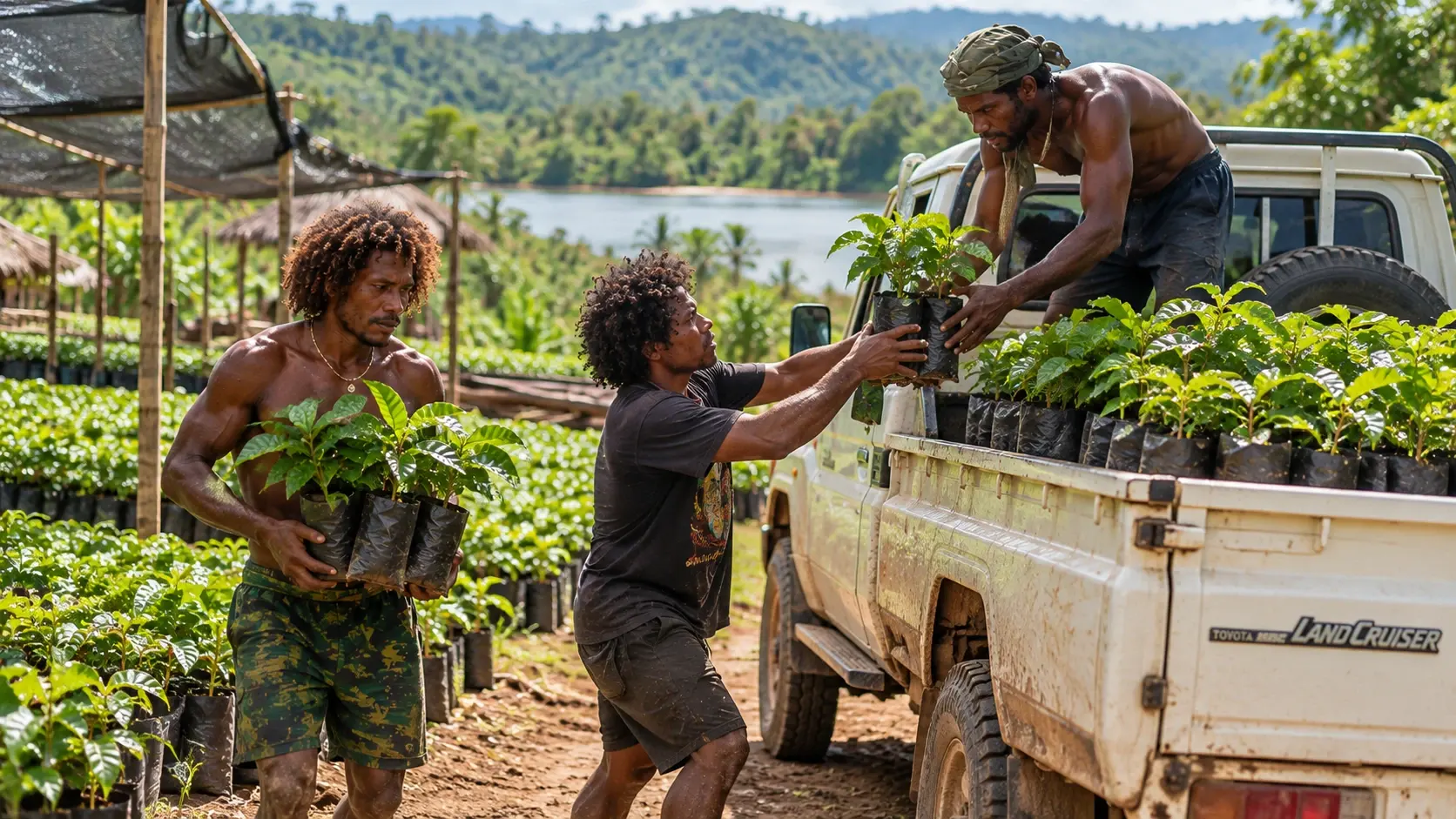 Growers loading bagged coffee seedlings onto the tray of a four-wheel drive