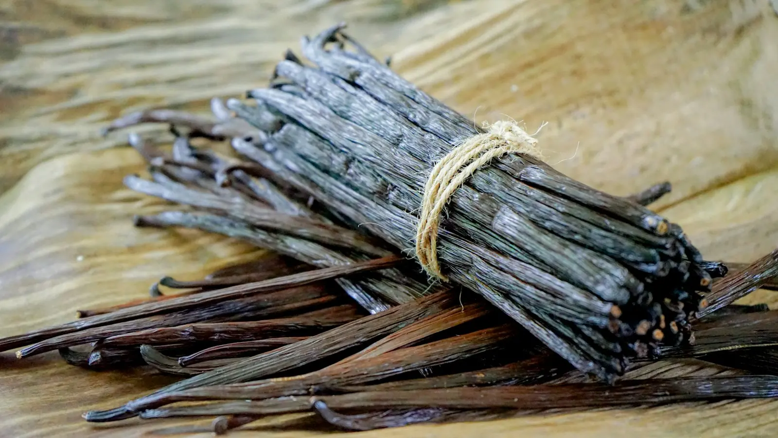 A bundle of cured vanilla pods tied with twine