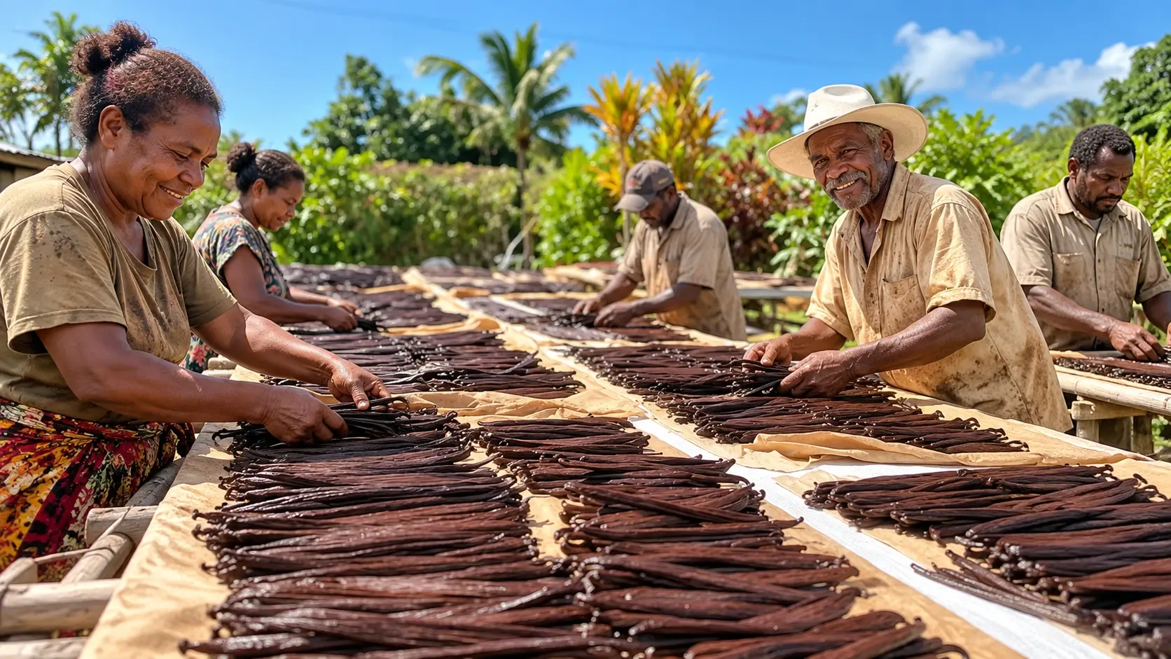 A team sorting cured vanilla pods laid out to dry on long outdoor tables
