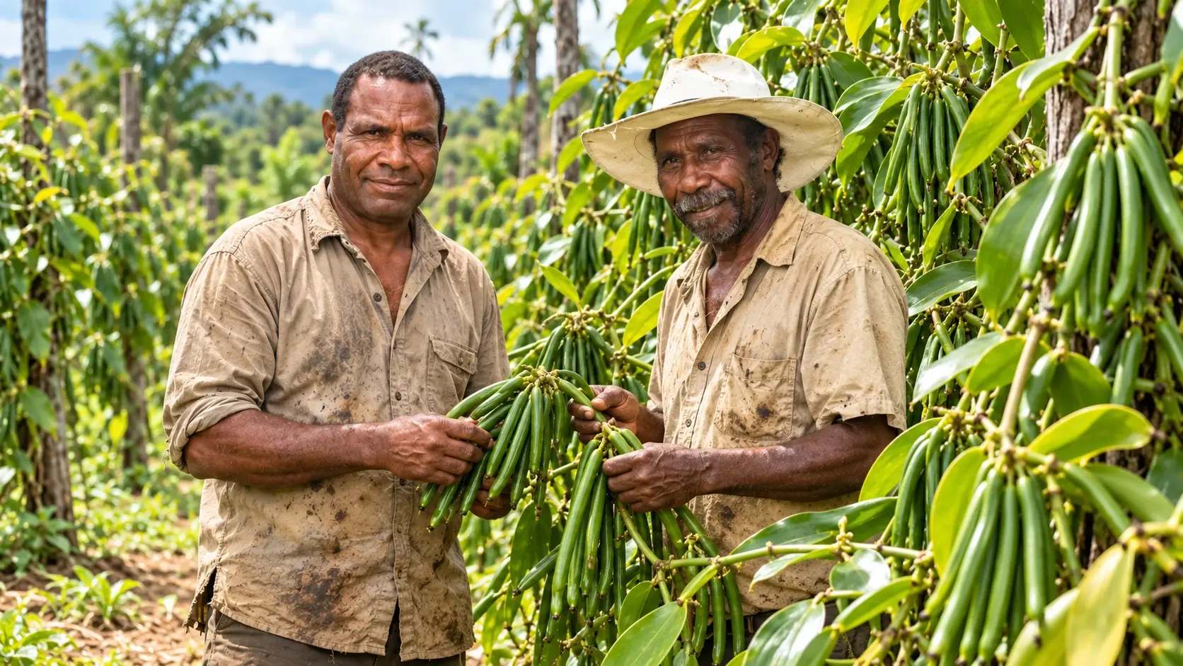Two vanilla growers holding bunches of green vanilla pods beside the vines